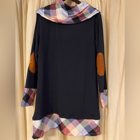 Blue Cowl Neck Tunic Sweater Dress with Plaid Accent - Size L - Picture 4 of 5